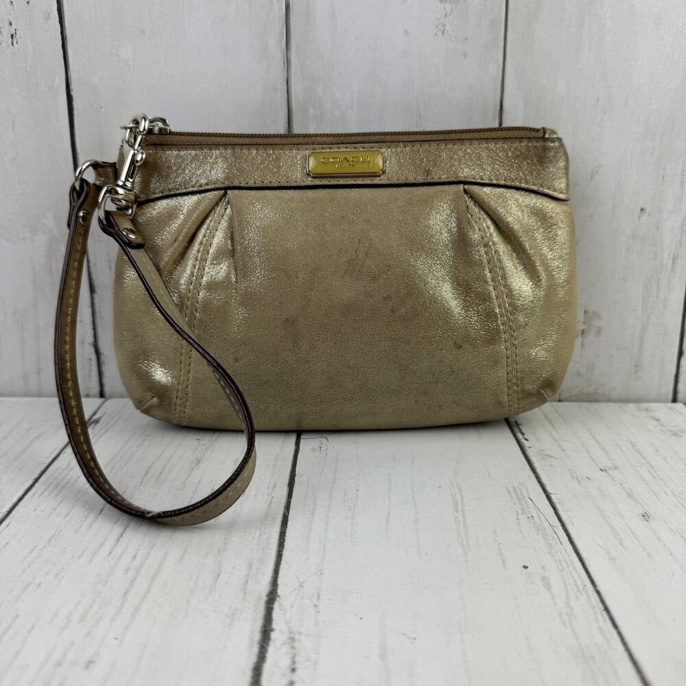 Coach Gold Leather Zip Top Wristlet Clutch Wallet Bag